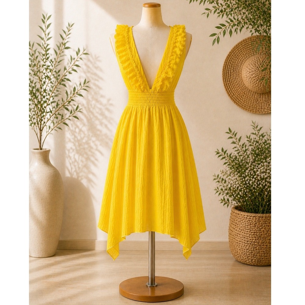 PIA Yellow Ruffle V-Neck Smocked Waist Gauze Midi Sun Dress Halter Tie Summer